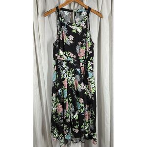 Torrid Floral Dress Midi Black Keyhole Open Back 00/12 Large Sleeveless Rock EUC